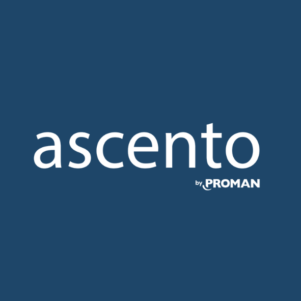 Wit logo van ascento op blauwe achtergrond