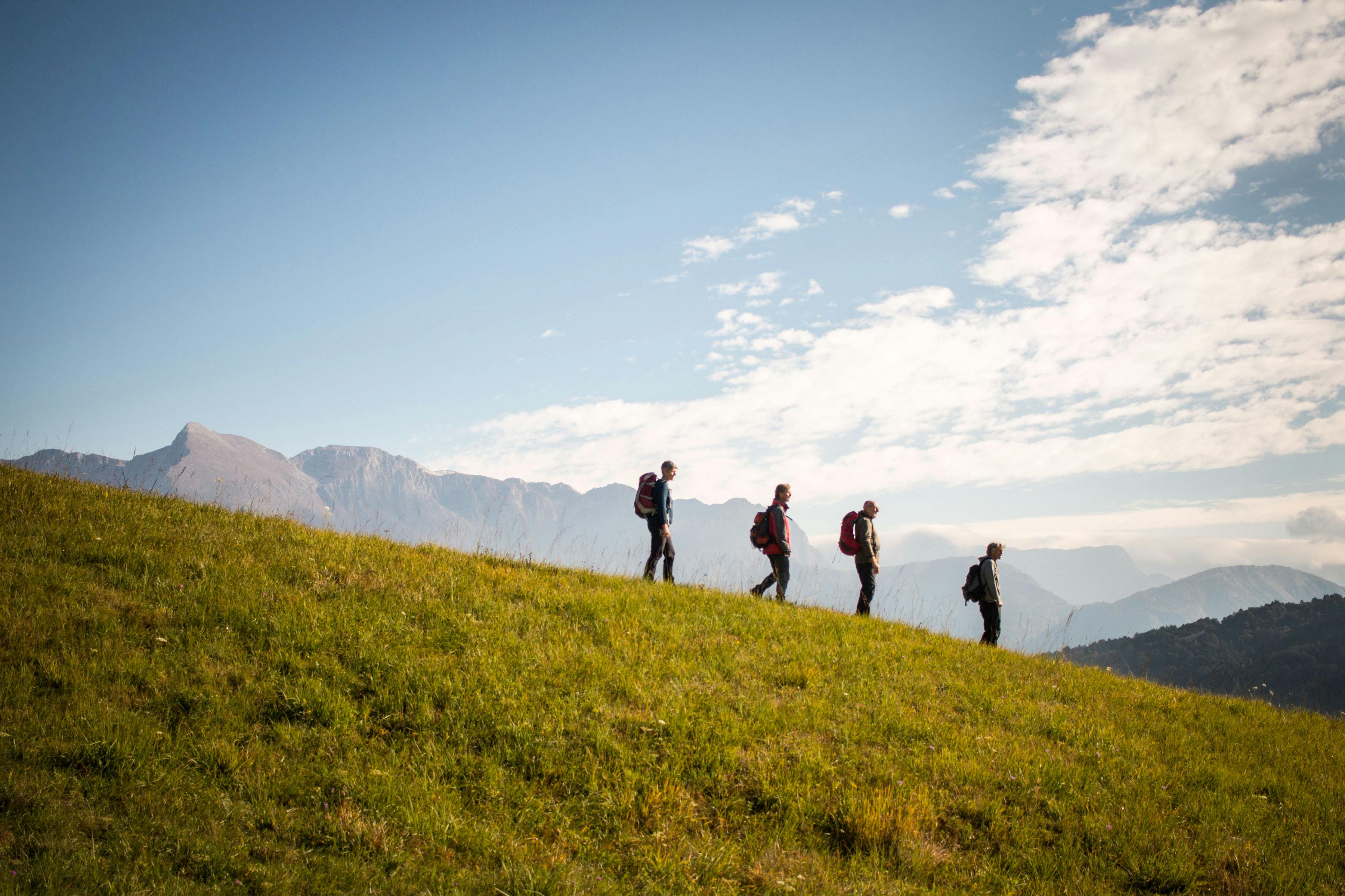 Vier wandelaars die berg afwandelen